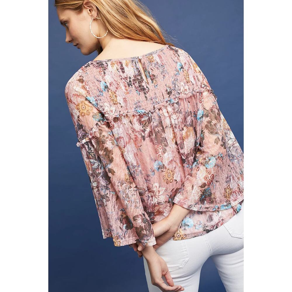 Anthropologie Akemi + Kin Patrizia Floral Blouse Size XS Pink Lace Peasant Top - Picture 7 of 13